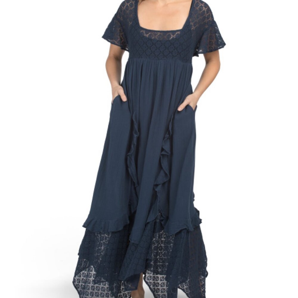 Free People Bring the Romance Handkerchief Hem Maxi Dress Navy Size Small NWT